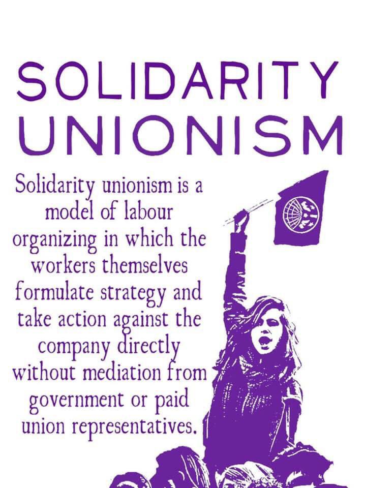 Image Text: Solidarity Unionism is a model of labor organizing in which the workers themselves formulate strategy and take action against the company directly without mediation from government or paid union representative.

Image shows a person holding an IWW flag
