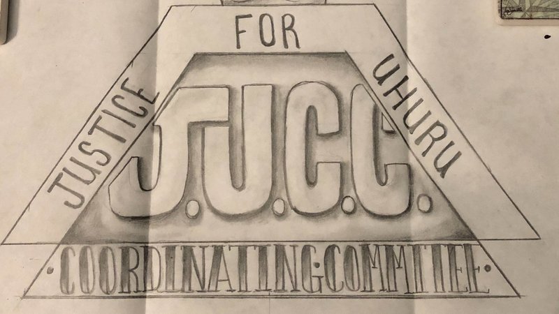 Drawing of logo for the JUCC, Justice for Uhuru Coordinating Committee