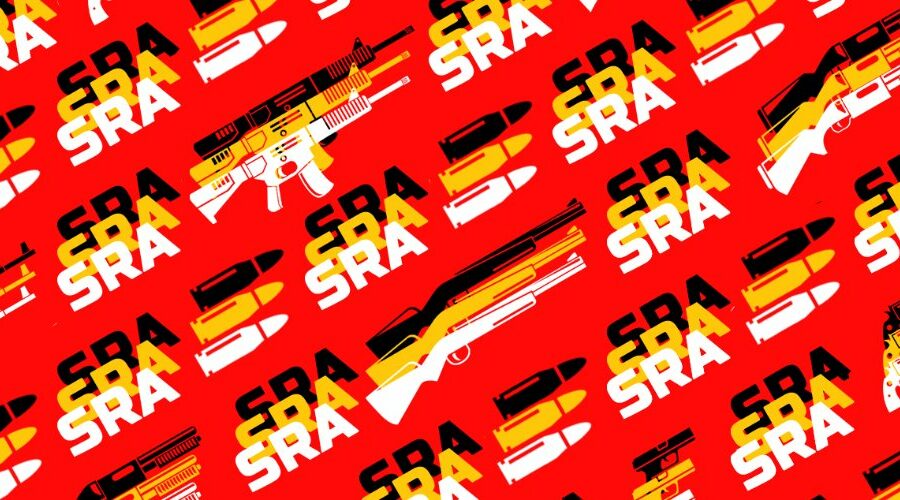 Socialist Rifle Association banner, illustration of rifles and bullets with SRA typed out