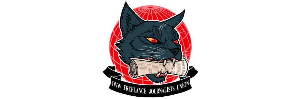Logo of the Freelance Journalists Union, a wildcat with a newspaper in its mouth in front of a globe
