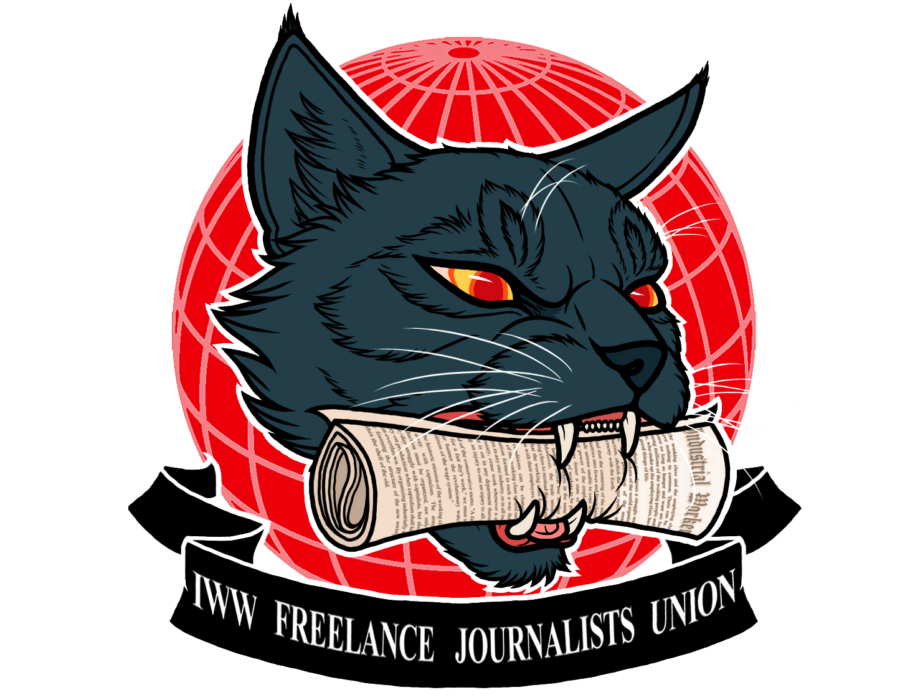 Logo of the Freelance Journalists Union, a wildcat with a newspaper in its mouth in front of a globe