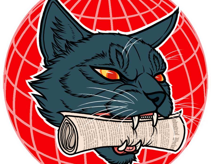 Logo of the Freelance Journalists Union, a wildcat with a newspaper in its mouth in front of a globe