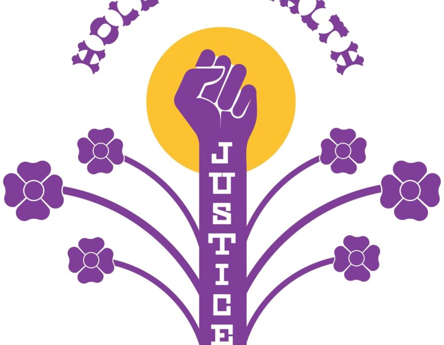 Holler Health Justice logo, a raised purple fist in front of a yellow circle with flowers