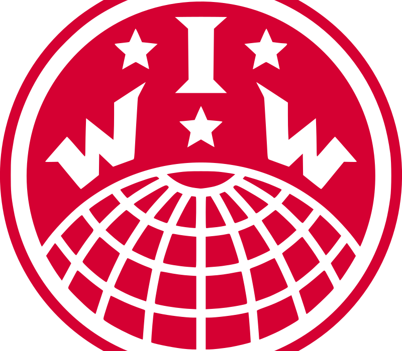 IWW Globe Symbol, white on a red background.