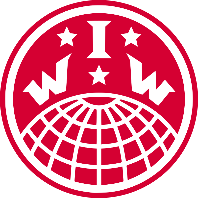 IWW Globe Symbol, white on a red background.