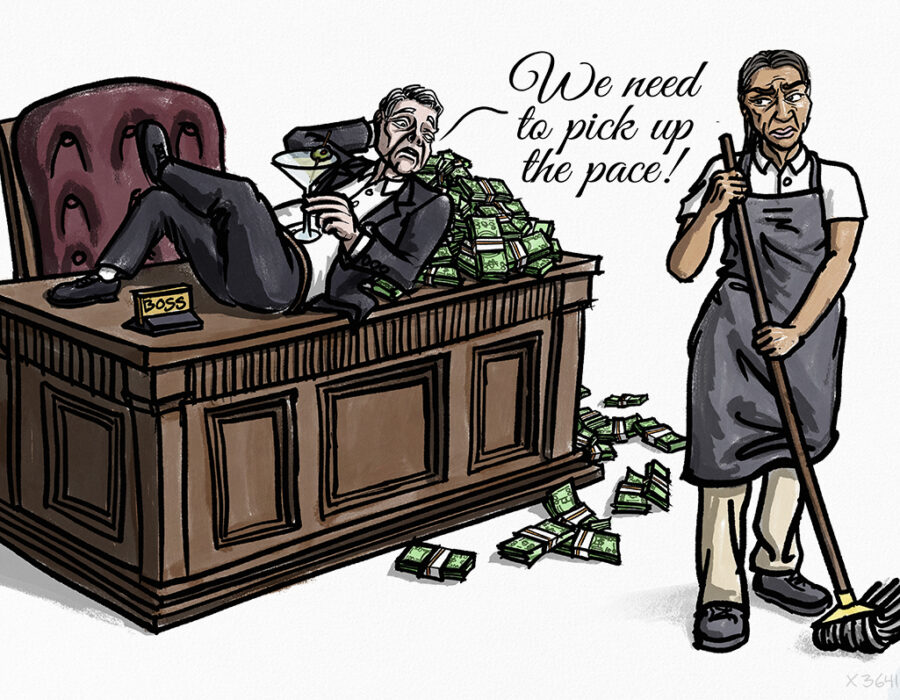 A boss lies on a fancy hardwood desk on a pile of money yelling "We need to pick up the pace," while a worker mops the floor.