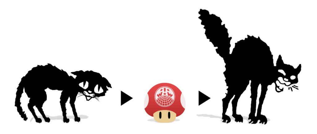 A cartoon black cat eats an IWW globe logo mushroom and turns into the powered-up Sabo-Tabby.
