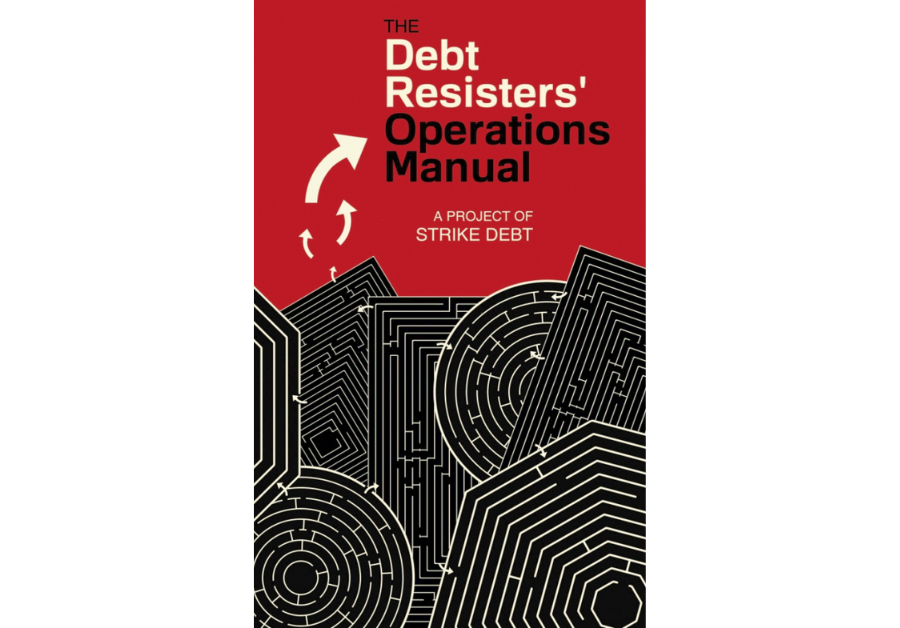 Red book cover with geometric shapes in black and white. "The Debt Resisters' Operations Manual."