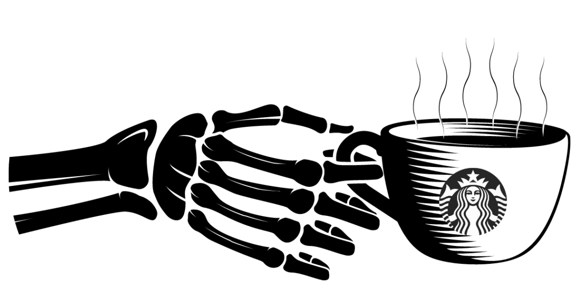 A skeletal hand seizes a green starbucks coffee cup.
