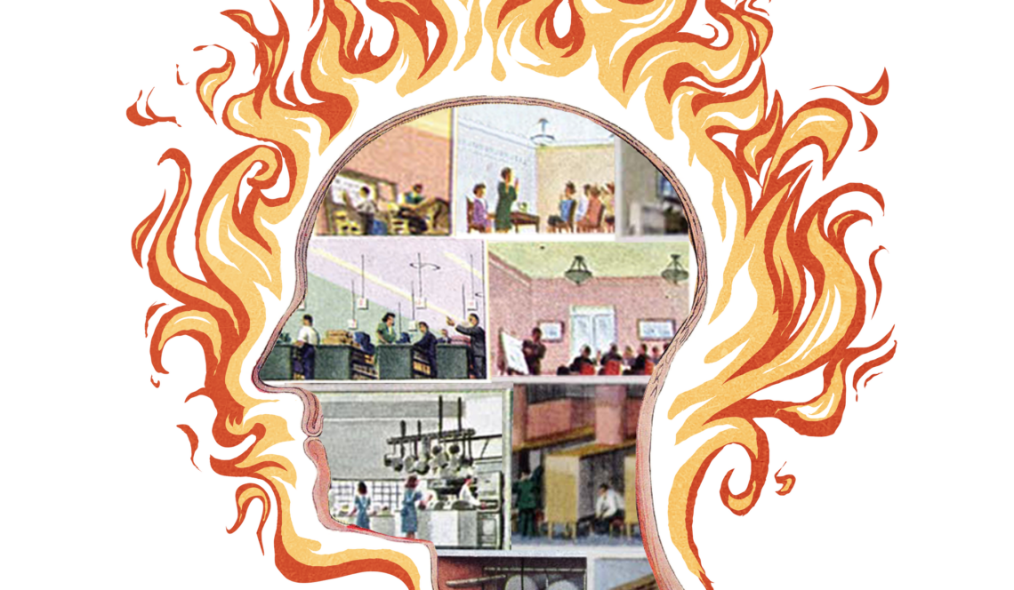 A flaming head with workers in multiple compartments inside of it. It looks like a school inside.