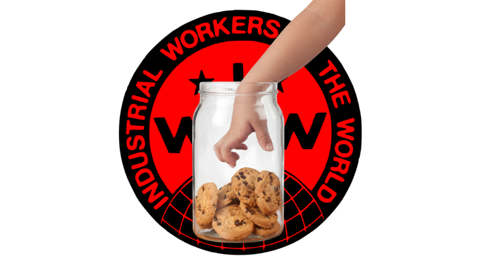 A hand reaching into a cookie jar over the IWW globe logo. Image by x390031.