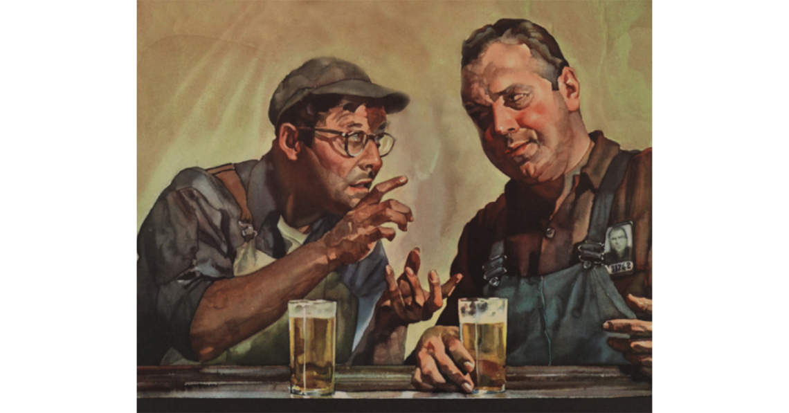 Image of two men talking over beers by C.C. Beall.