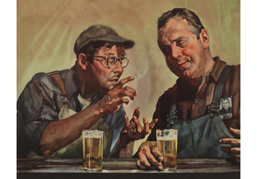 Image of two men talking over beers by C.C. Beall.