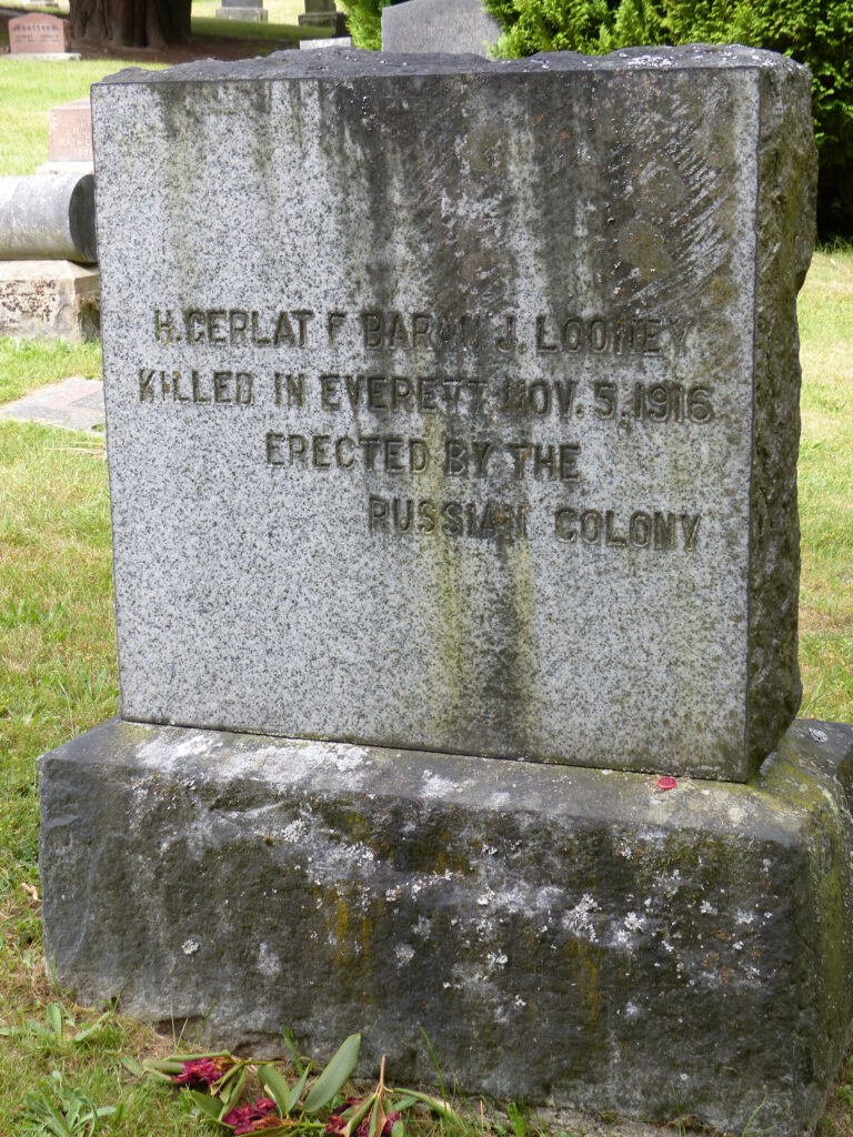 Grave marker in Seattle’s Mount Pleasant cemetery for three Wobblies murdered in Everett.