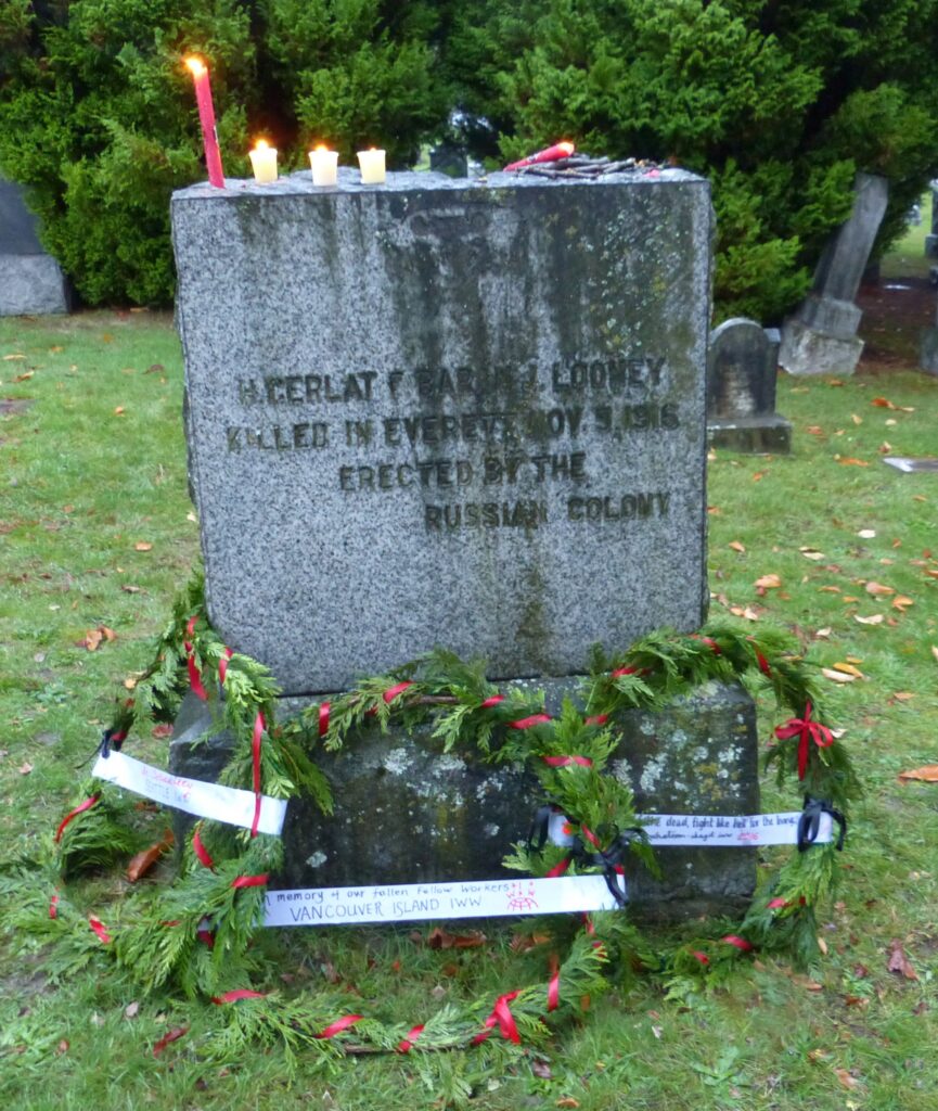 Wreaths from three IWW branches placed on the grave in Mount Pleasant.