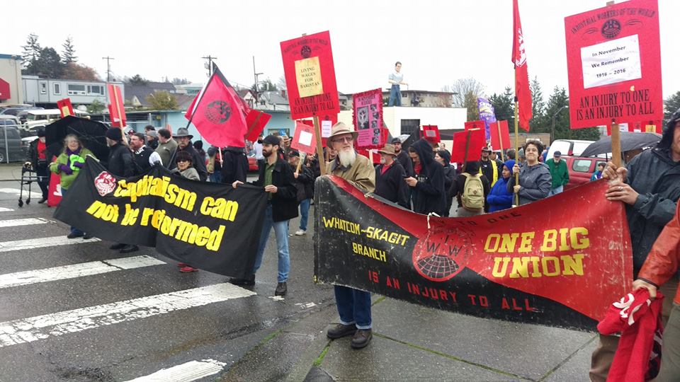 Wobblies and friends ‘Complete the Journey’ on Hewitt Avenue in Everett, WA Nov 5, 2016. Photo by Fellow Worker Tuck.