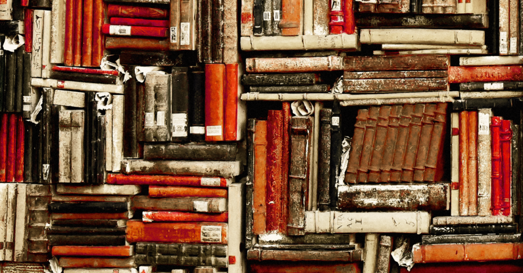 A collage of books rests on a shelf.
