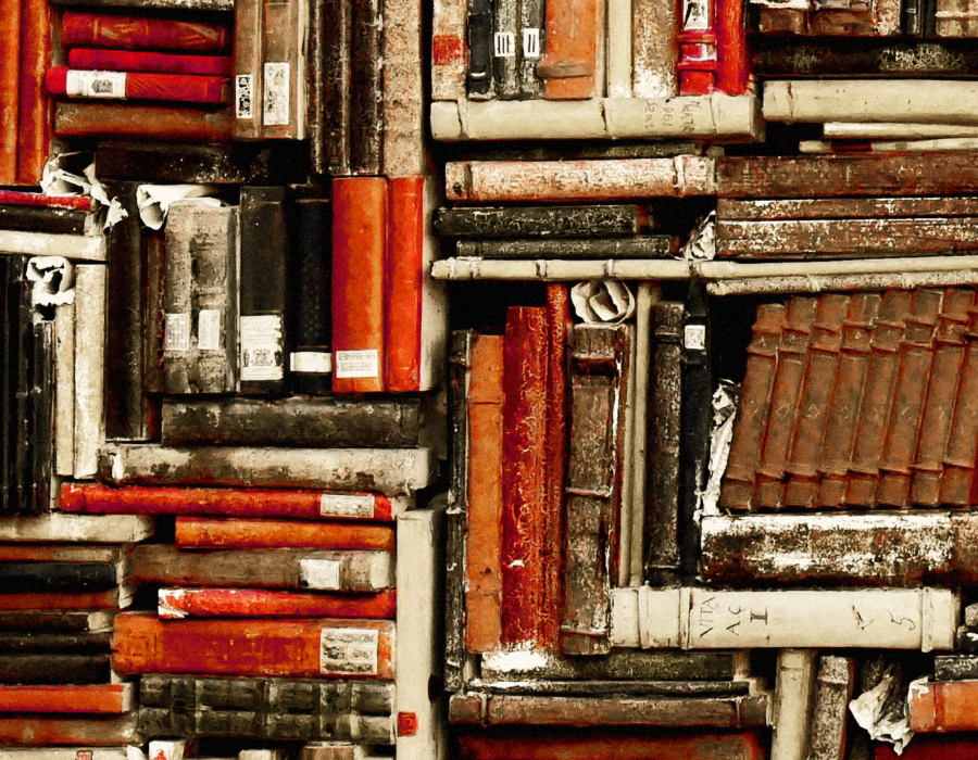 A collage of books rests on a shelf.
