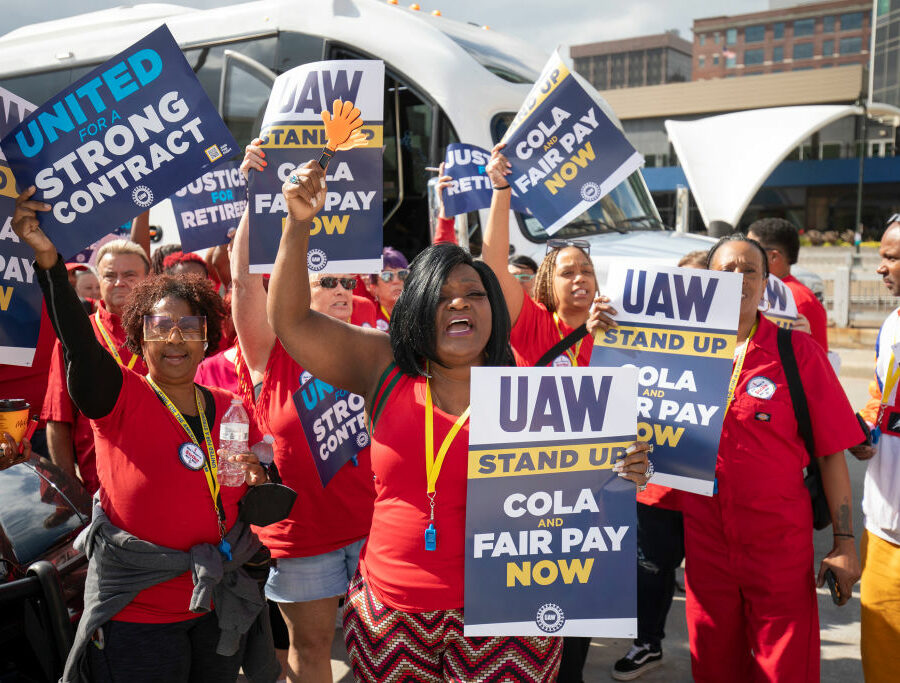 United Auto Workers members attend a solidarity rally as the UAW strikes the Big Three automakers on September 15, 2023, in Detroit, Michigan. (Bill Pugliano / Getty Images)