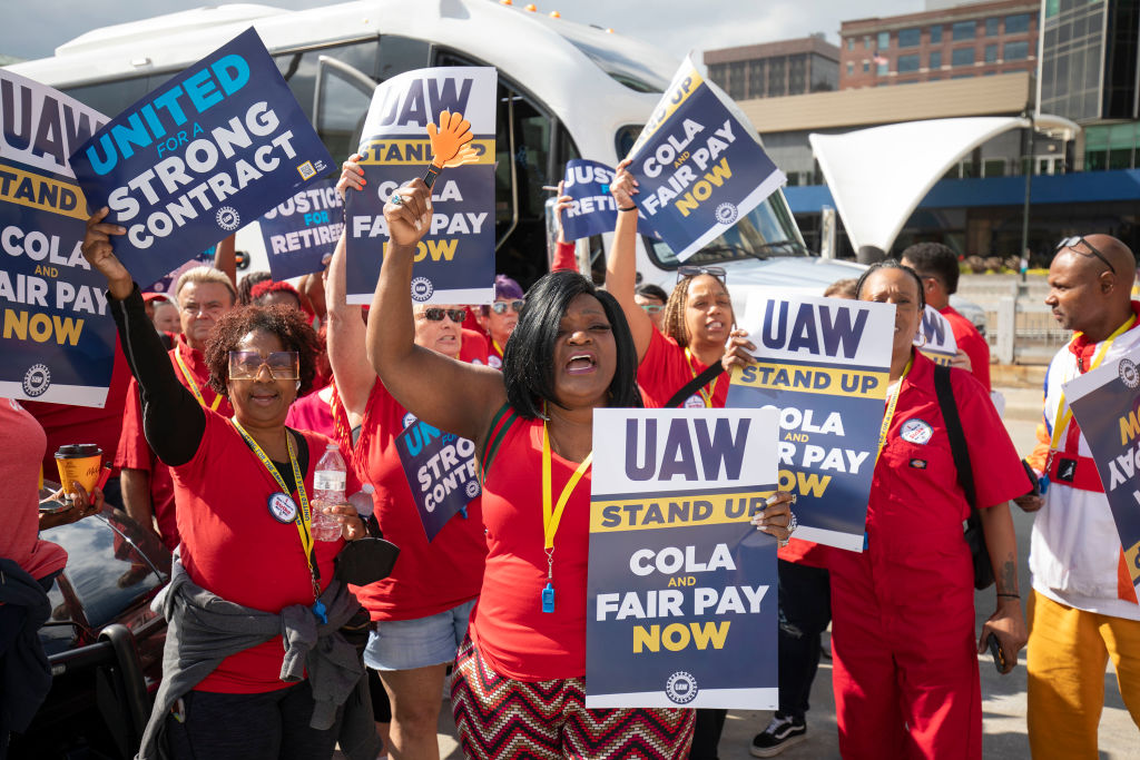 United Auto Workers members attend a solidarity rally as the UAW strikes the Big Three automakers on September 15, 2023, in Detroit, Michigan. (Bill Pugliano / Getty Images)