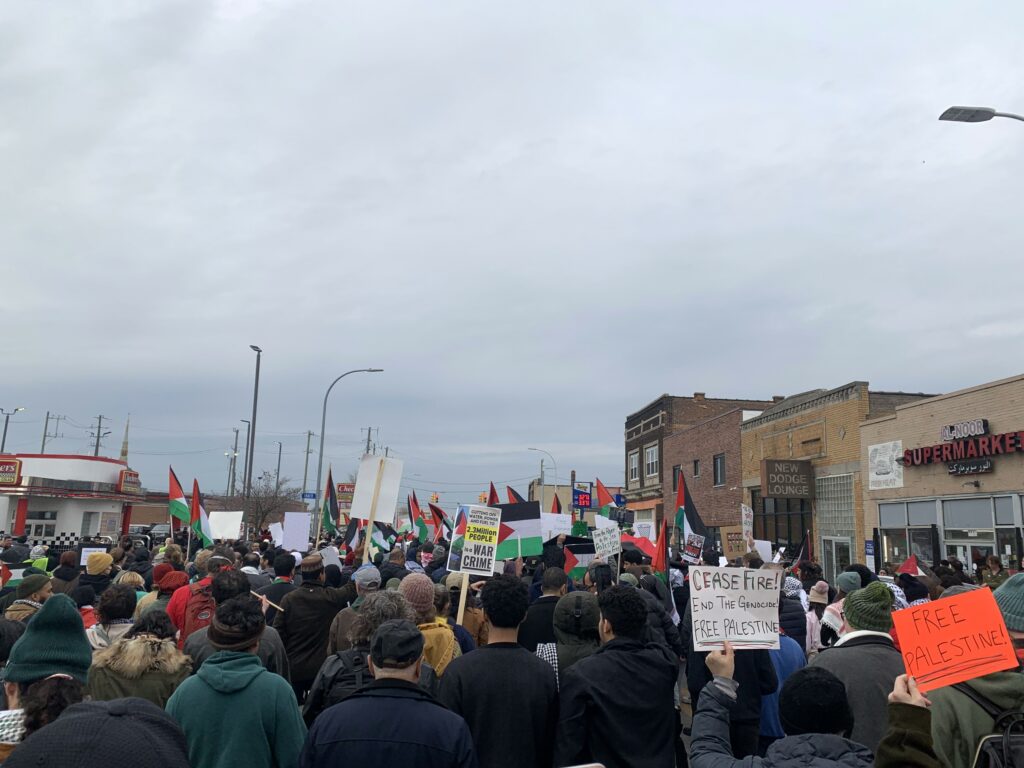 People in Hamtramck, MI march for a ceasefire in Palestine on November 4, 2023.