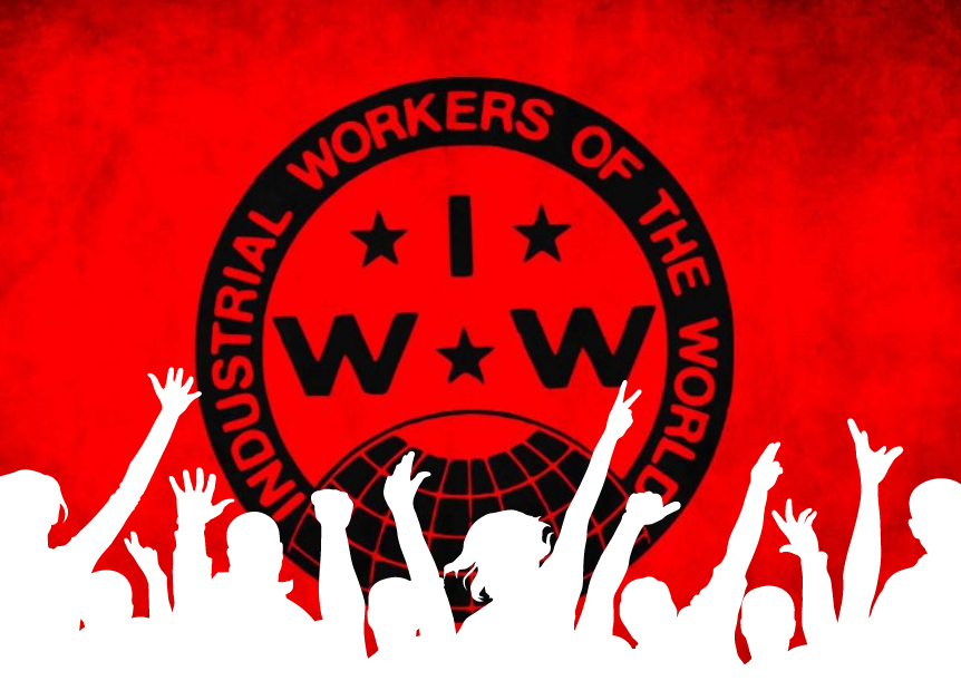 White outline of a crowd of people in front of the IWW Globe flag. x390031.