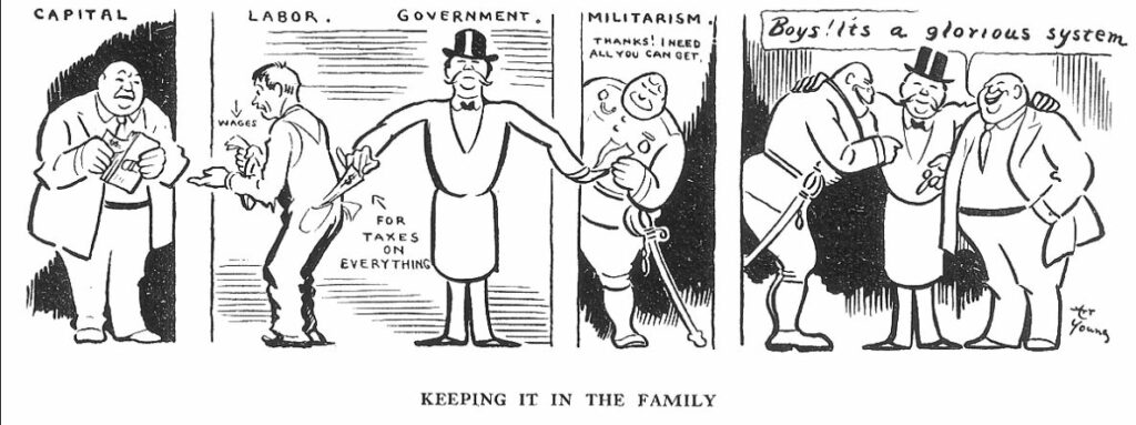 Men dressed as capital, labor, government, and militarism, with government taking money out of the pockets of labor and militarism. On the next slide, the capitalist, the military official, and government official are saying "boys! it's a glorious system."