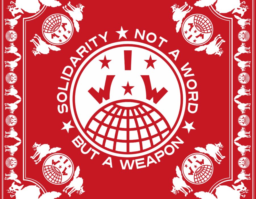 a bandana design by Vancouver Island GMB FWs. It is red and has the IWW Globe Logo surrounded by text which says "Solidarity, Not a Word, But a Weapon"