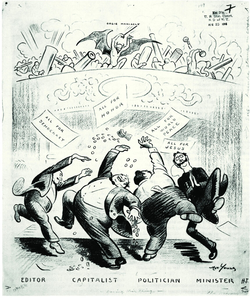 Cartoon of an editor, a capitalist, a politician, and a minister dancing to a tune conducted by Satan by Art Young.