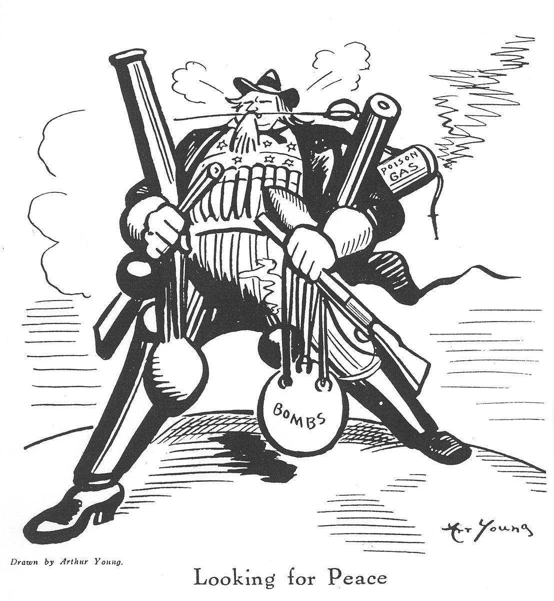 A huge U.S. military man holds a cannon and bombs, spewing poison gas and clutching a sword between his teeth. He strides across the landscape "Looking for Peace." An allegory criticizing U.S. intervention in the Mexican Revolution.