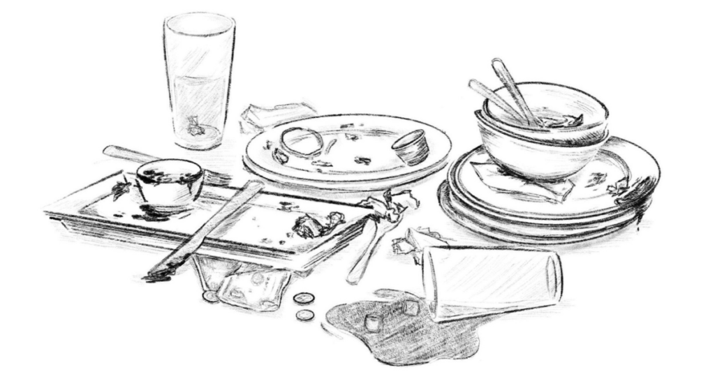 Sketch of the messy remnants of a meal, a spilled cup, and a half empty drink glass.