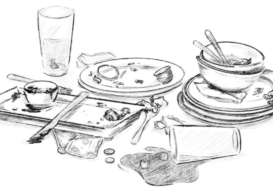 Sketch of the messy remnants of a meal, a spilled cup, and a half empty drink glass.