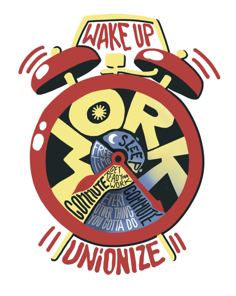 Text above a cartoonish alarm clock reads “wake up” and the clock itself, in place of hours, says “Work” in the largest letters, with “commute,” “every other thing you gotta do,” “commute,” and two smaller sections for “free time” and “sleep.”