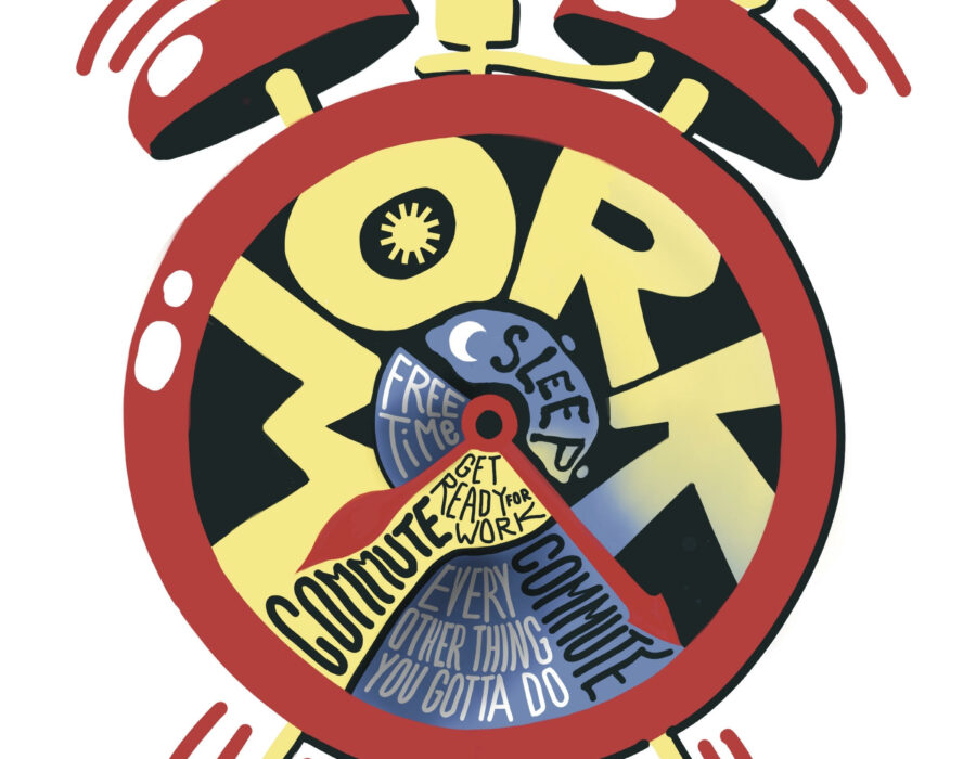 Text above a cartoonish alarm clock reads “wake up” and the clock itself, in place of hours, says “Work” in the largest letters, with “commute,” “every other thing you gotta do,” “commute,” and two smaller sections for “free time” and “sleep.”