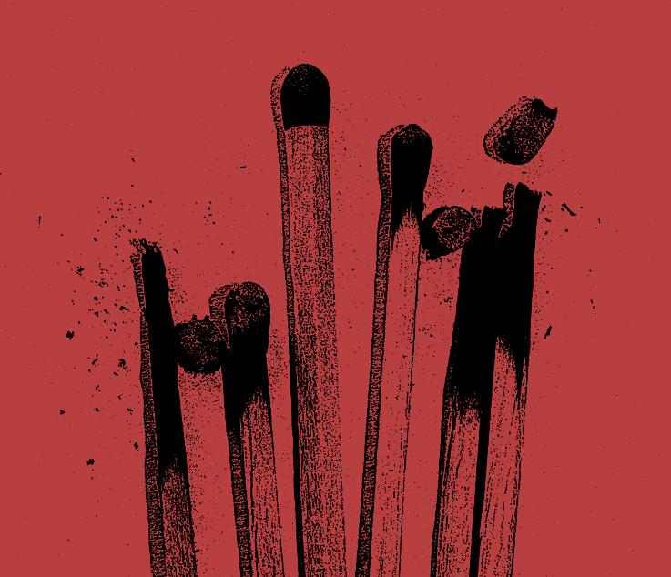 A cluster of matches burning and crumbling into nothing. Black on red background.