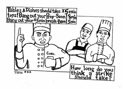 A chef with an "executive" name tag says "Tables and dishes should take 15 minutes tops! Bang out your Prep-Boom! 8 minutes. Bang out your 15 minute break - BAM! 5 minutes." Two restaurant workers look on. They retort "How long do you think a strike should take?"