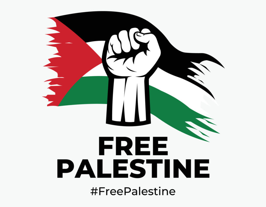 A solidarity fist in front of a flag of palestine with the text "Free Palestine" below it, and a hashtag with the words "FreePalestine."