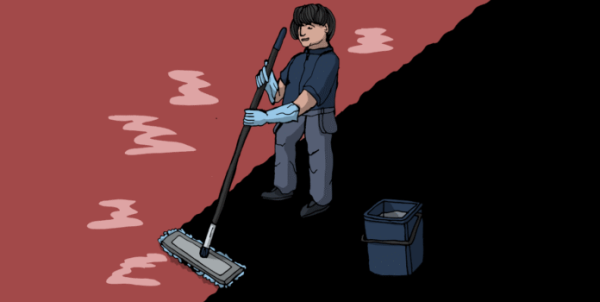 Illustration shows a person with emo haircut mopping on what looks like the anarchist flag.