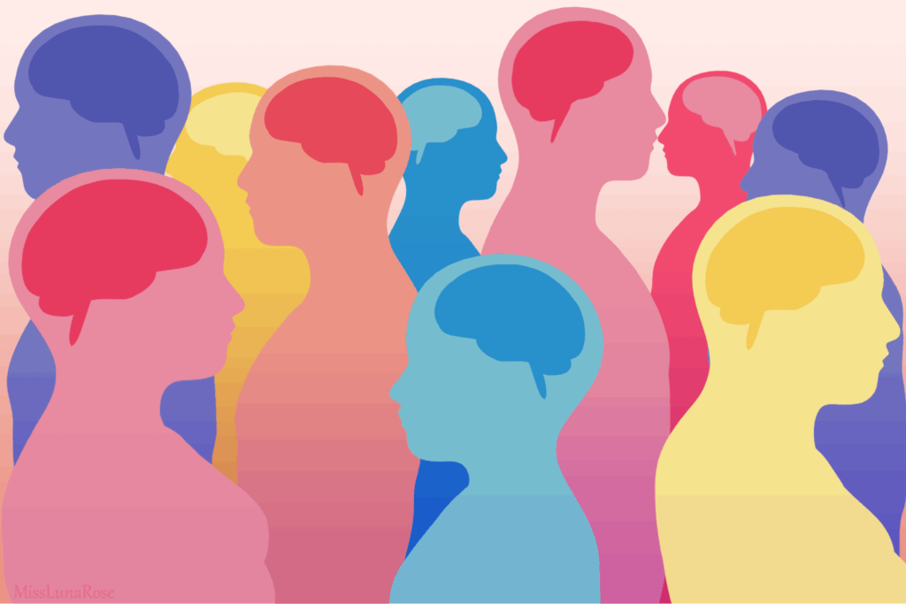 Illustration of people with different colored brains standing in a crowd.
