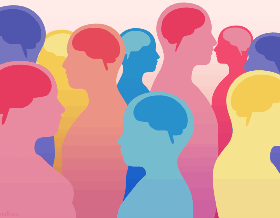 Illustration of people with different colored brains standing in a crowd.