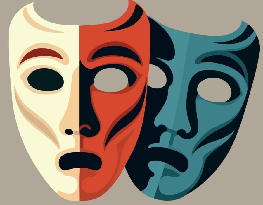 Vinícius Rodrigues de Souza, Vecteezy. Two eyeless theater masks stare into the viewer.