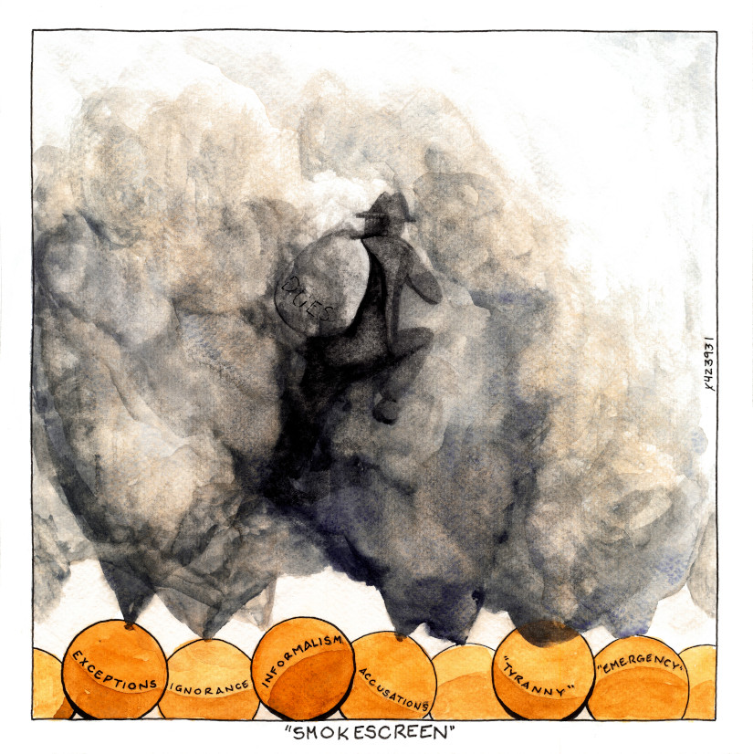 A man with a fedora and a big bag of money runs into a cloud of smoke away from circles on the ground, which are labeled "exceptions, ignorance, informalism, accusations, 'tyranny,' and 'emergency.'"