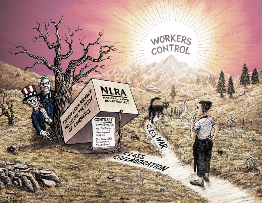A worker is faced with two paths. One says class collaboration. The other path says class war. A black cat leads the way down the class war path. The other path has Uncle Sam and a shady character holding a trap for a worker to walk under that is labeled "NLRA," baited with a contract.
