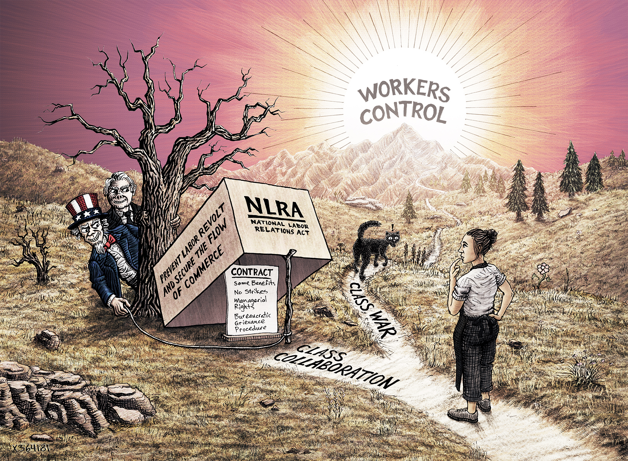 A worker is faced with two paths. One says class collaboration. The other path says class war. A black cat leads the way down the class war path. The other path has Uncle Sam and a shady character holding a trap for a worker to walk under that is labeled "NLRA," baited with a contract.
