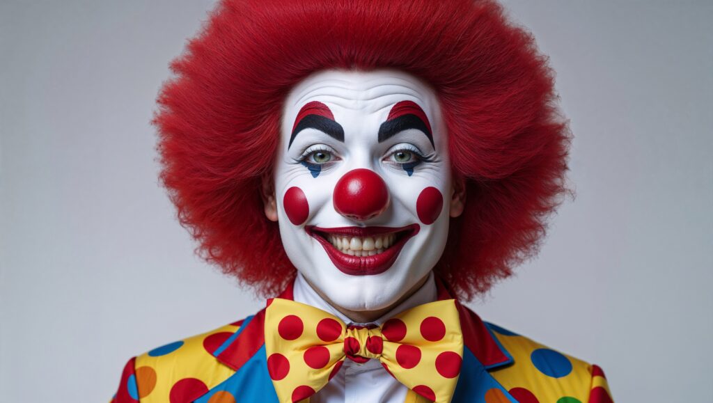 Clown smiling at camera.
